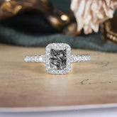 1 Carat Emerald Cut 4-Prong Black Rutilated Quartz Classic Halo Engagement Ring